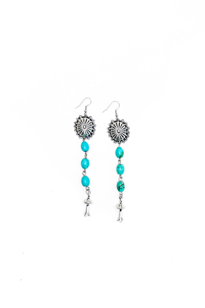 4.5" Turquoise Drop Earring With Silver Concho and Blossom on Fishhook