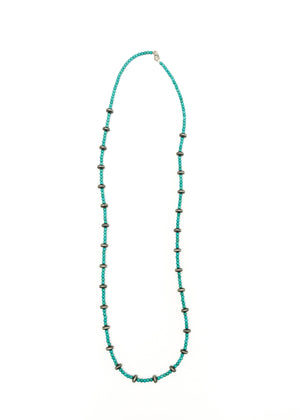 36" Green Turquoise and Faux Navajo Pearl Beaded Necklace