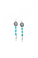 4.5" Turquoise Drop Earring With Silver Concho and Blossom on Fishhook
