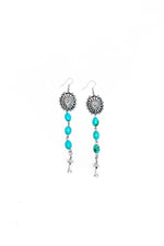 4.5" Turquoise Drop Earring With Silver Concho and Blossom on Fishhook