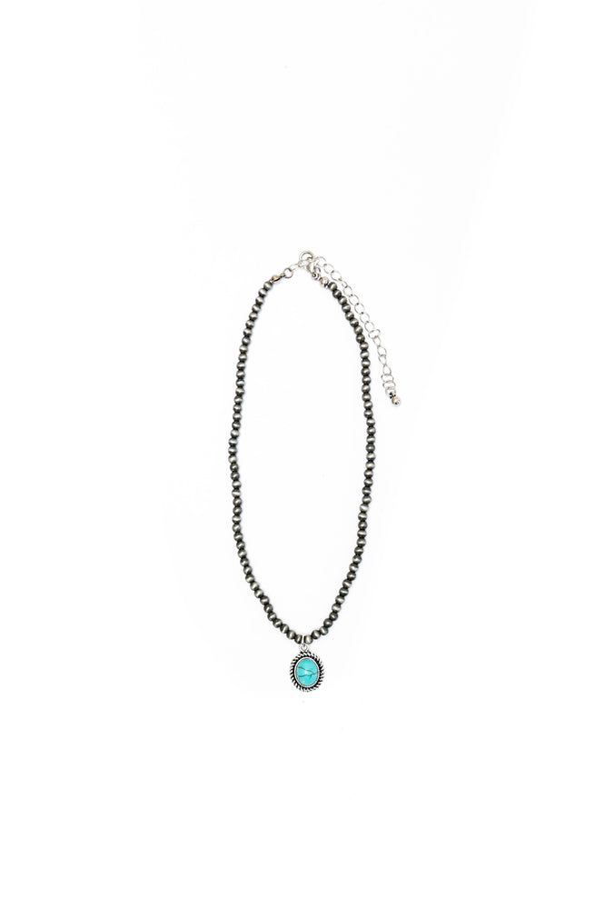 13" Dainty Faux Navajo Pearl Necklace With Oval Turquoise Pendant