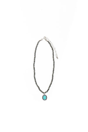 13" Dainty Faux Navajo Pearl Necklace With Oval Turquoise Pendant