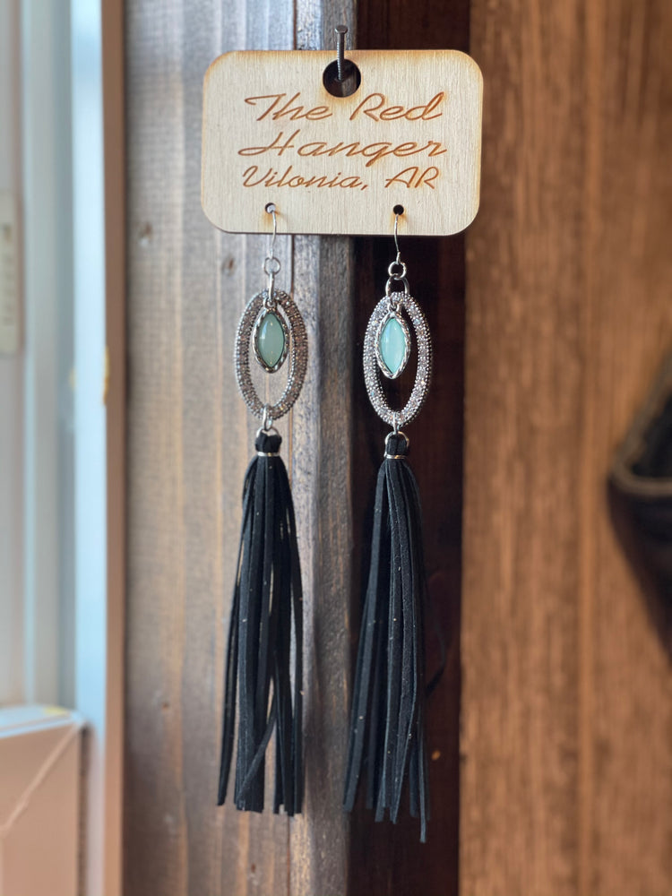 Black Tassel Earrings with Turquoise Stone